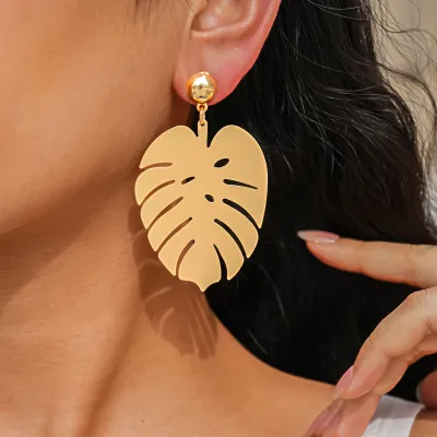 Women Fashion Leaf Design Silver Tone Metal Pin Earrings