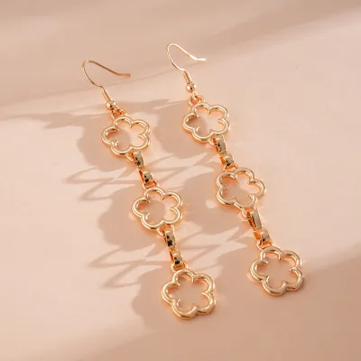Women Fashion Metal Hollow Floral Long Earrings