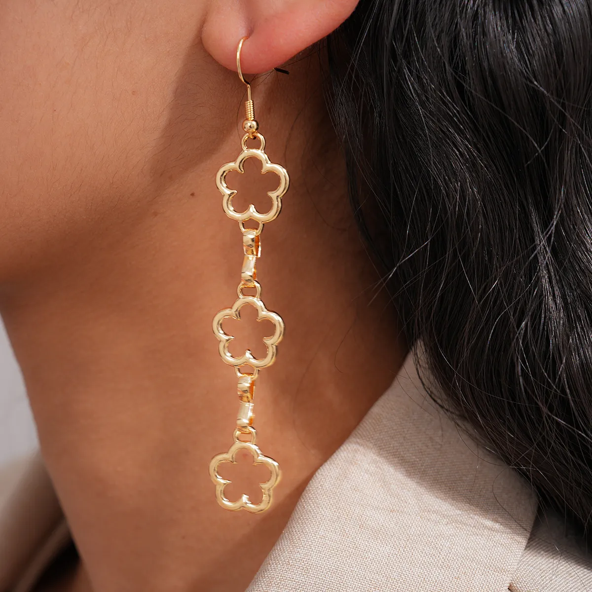 Women Fashion Metal Hollow Floral Long Earrings