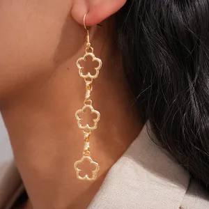 Women Fashion Metal Hollow Floral Long Earrings