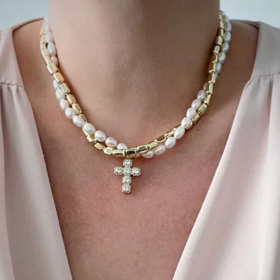Women's Elegant Double Layer Baroque Imitation Pearl Cross Pendant Necklace