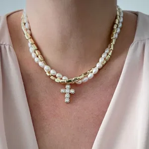 Women's Elegant Double Layer Baroque Imitation Pearl Cross Pendant Necklace