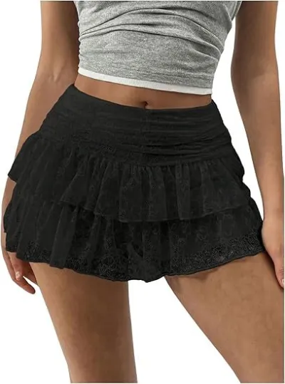Women Fashion Sexy Solid Color Multi-Layer Lace Mesh Cake Stacked Mini Skirt
