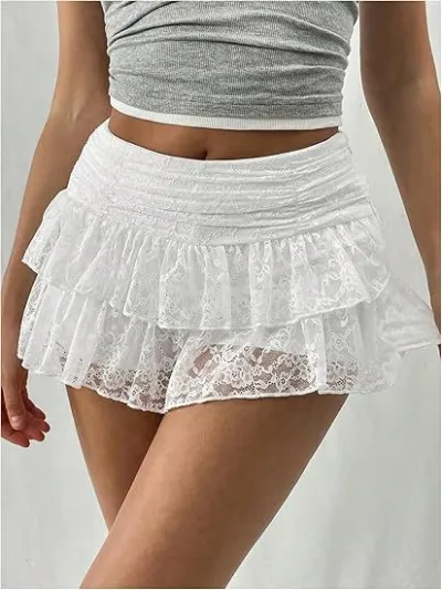 Women Fashion Sexy Solid Color Multi-Layer Lace Mesh Cake Stacked Mini Skirt
