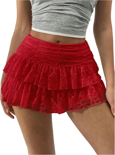 Women Fashion Sexy Solid Color Multi-Layer Lace Mesh Cake Stacked Mini Skirt