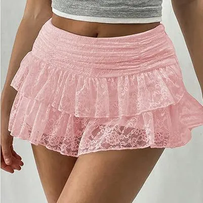 Women Fashion Sexy Solid Color Multi-Layer Lace Mesh Cake Stacked Mini Skirt