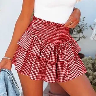 Women Fashion Sexy Plaid Printed High Waist Ruffled Mini Skirt