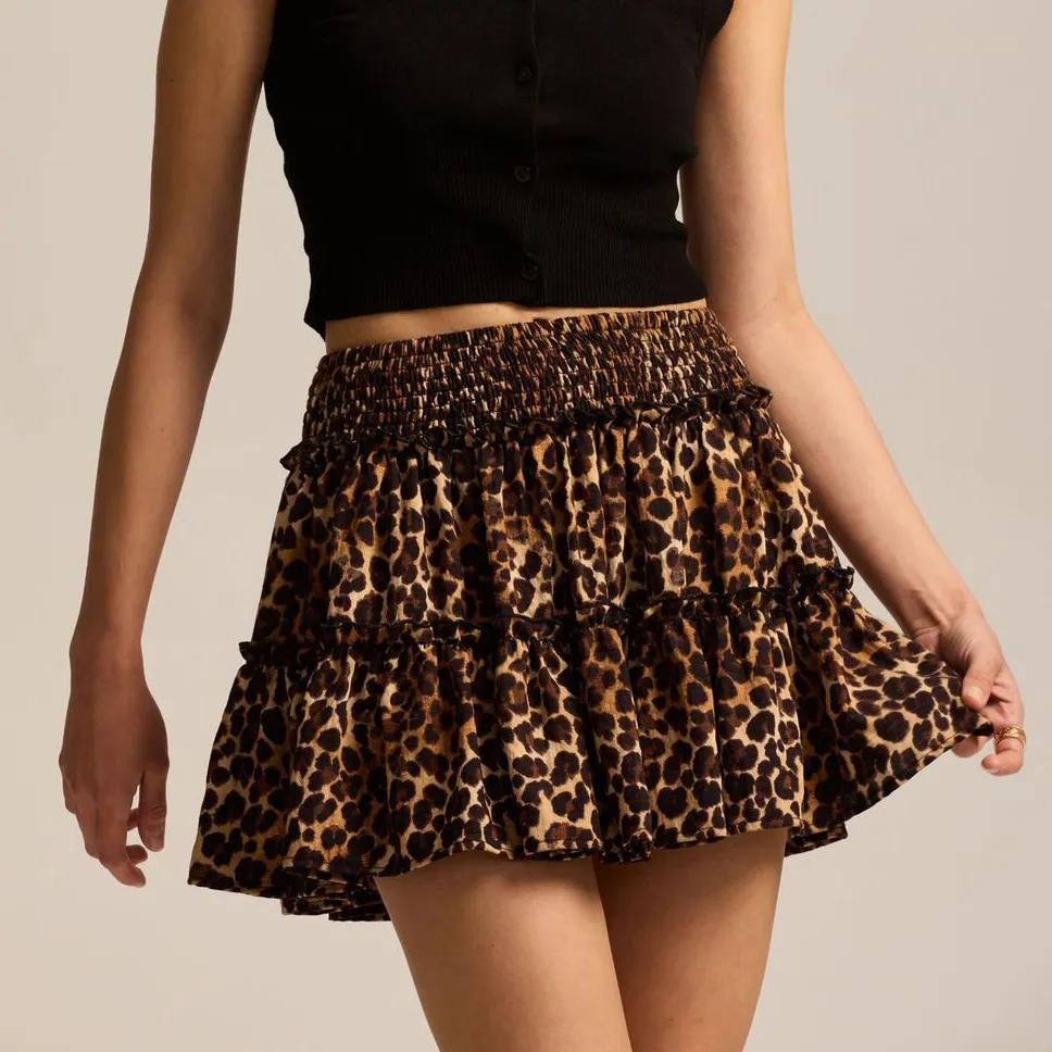 Women Fashion Sexy Leopard Printed High Waist Elastic Shorts Lined Pleated Mini Skirt