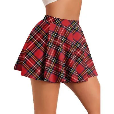 Women Fashion Sexy Plaid Digital Print Pleated Mini Skirt