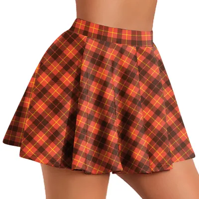 Women Fashion Sexy Plaid Digital Print Pleated Mini Skirt