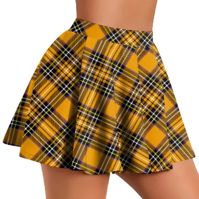 Women Fashion Sexy Plaid Digital Print Pleated Mini Skirt