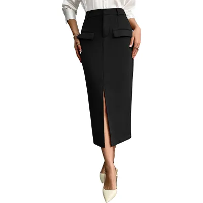 Women Fashion Elegant Office Casual Solid Color Pocket Tight Split Skirt