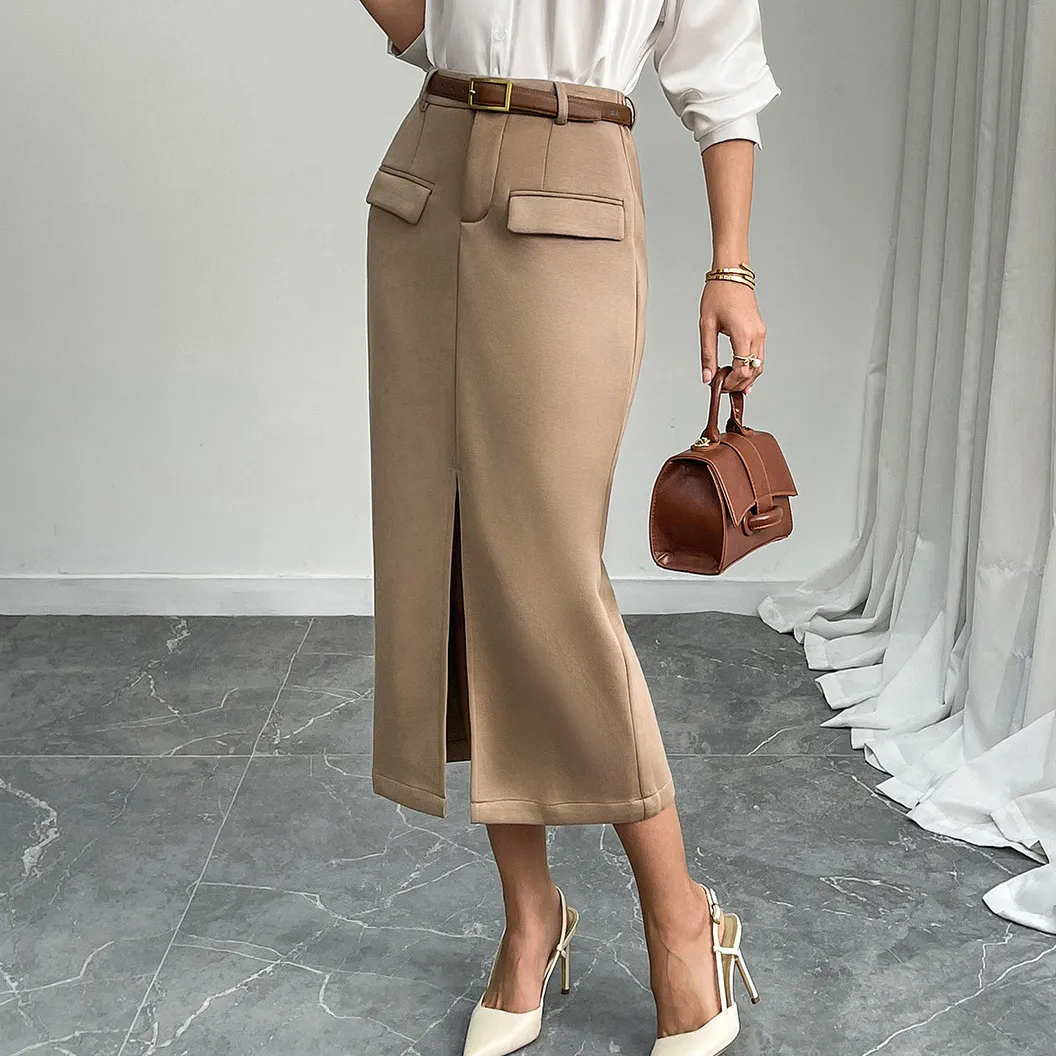 Women Fashion Elegant Office Casual Solid Color Pocket Tight Split Skirt