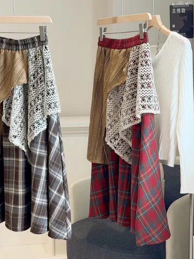 Women Fashion Casual Design Sense Stacked Irregular Contrast Plaid Maxi Skirt