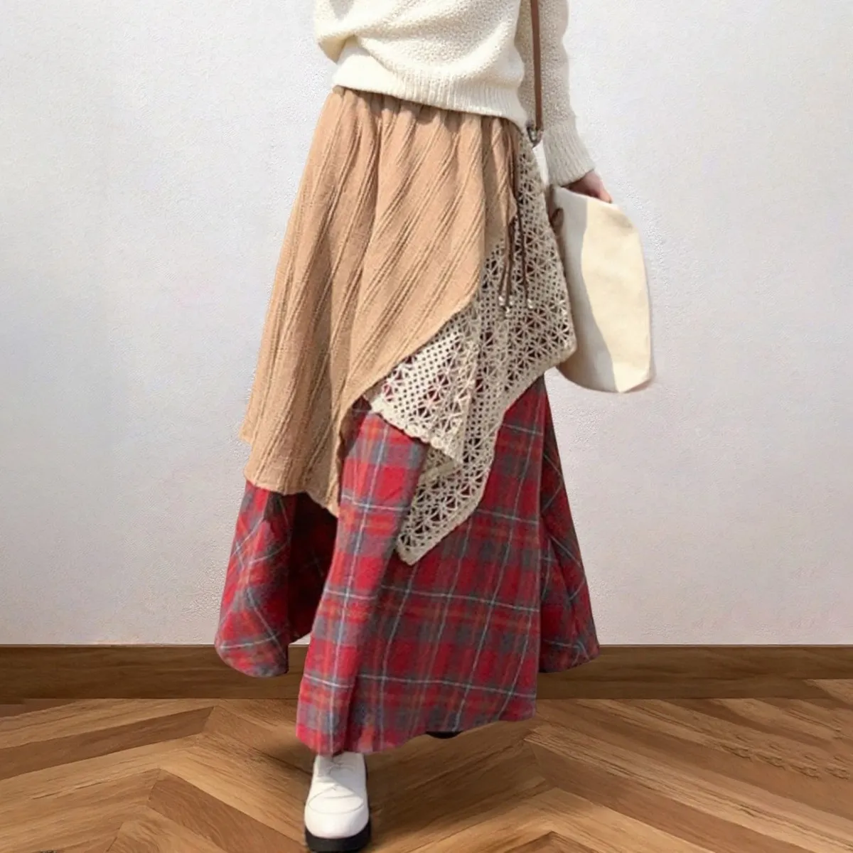 Women Fashion Casual Design Sense Stacked Irregular Contrast Plaid Maxi Skirt