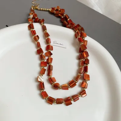 Women's Fashion Irregular Double Layer Beaded Shell Clavicle Chain Necklace