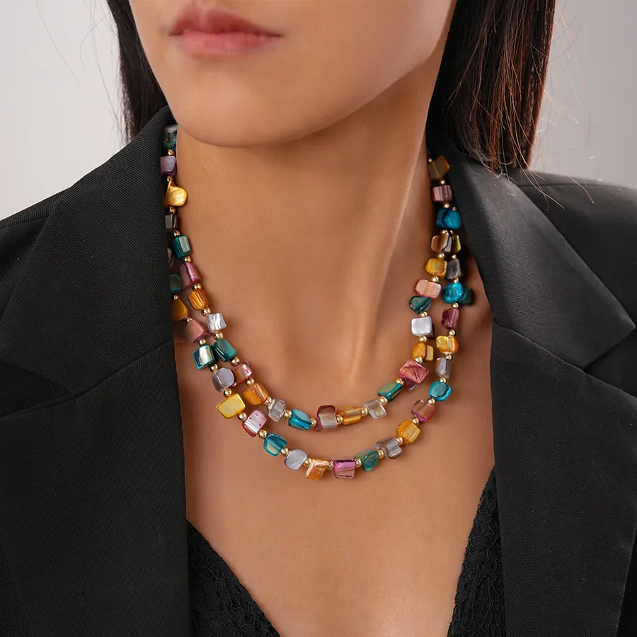 Women's Fashion Irregular Double Layer Beaded Shell Clavicle Chain Necklace