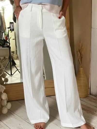 Women Fashion Casual Solid Color High Waist Button Zipper Pocket Straight Pants