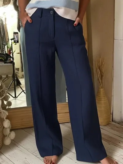 Women Fashion Casual Solid Color High Waist Button Zipper Pocket Straight Pants