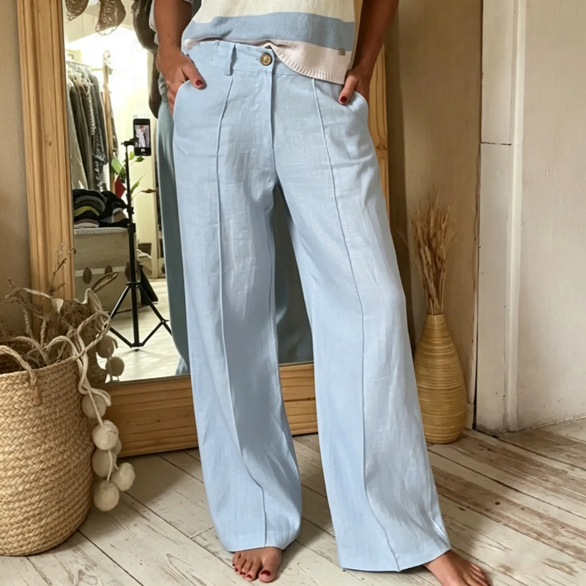 Women Fashion Casual Solid Color High Waist Button Zipper Pocket Straight Pants