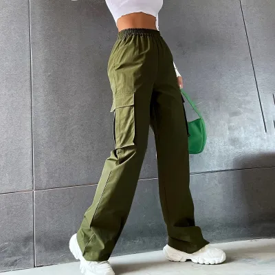 Women Fashion Casual Solid Color Street Pocket High Waist Wide Leg Cargo Pants