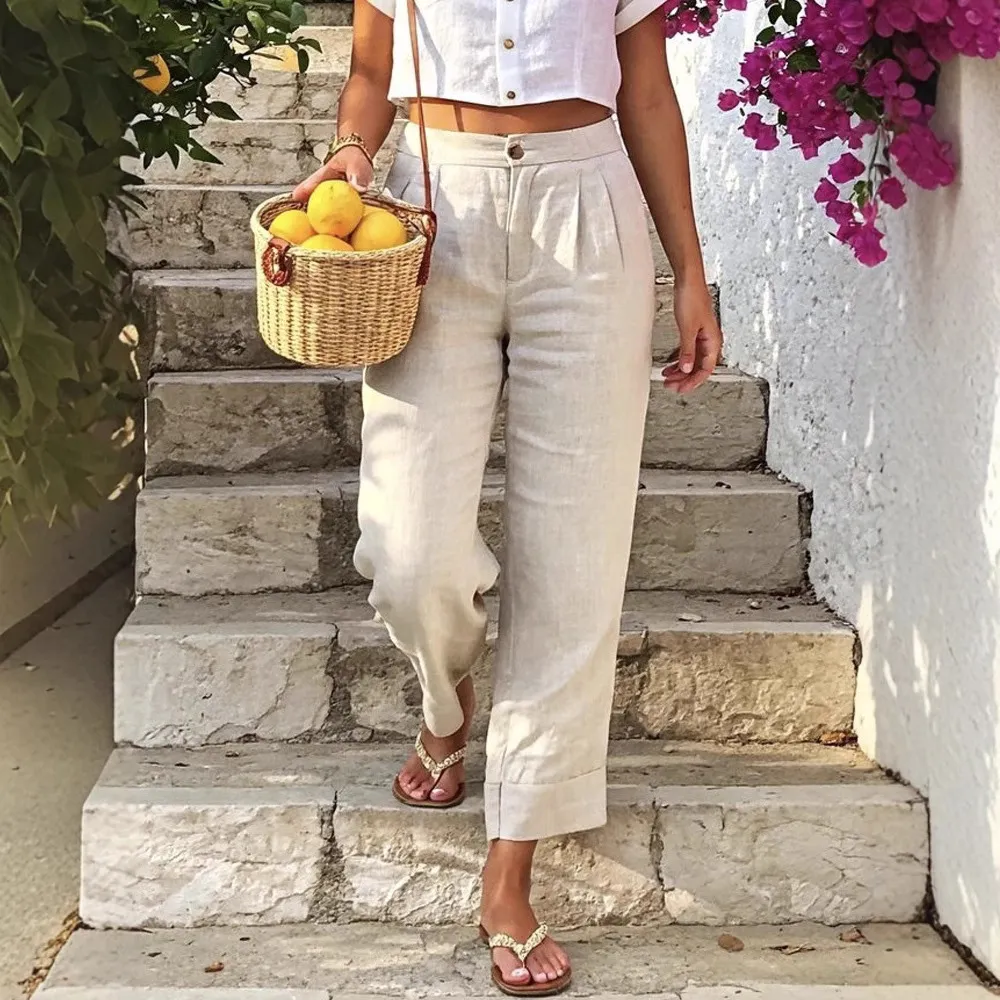 Women'S Fashion Casual Solid Color Cotton Linen Button Straight Pants