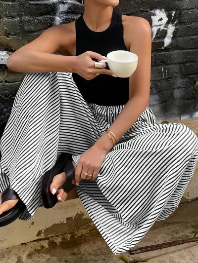 Women Fashion Casual Stripe Elastic Waist Straight Wide Leg Pants