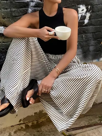 Women Fashion Casual Stripe Elastic Waist Straight Wide Leg Pants