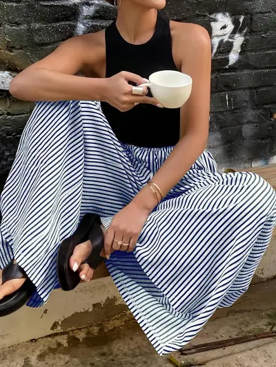 Women Fashion Casual Stripe Elastic Waist Straight Wide Leg Pants