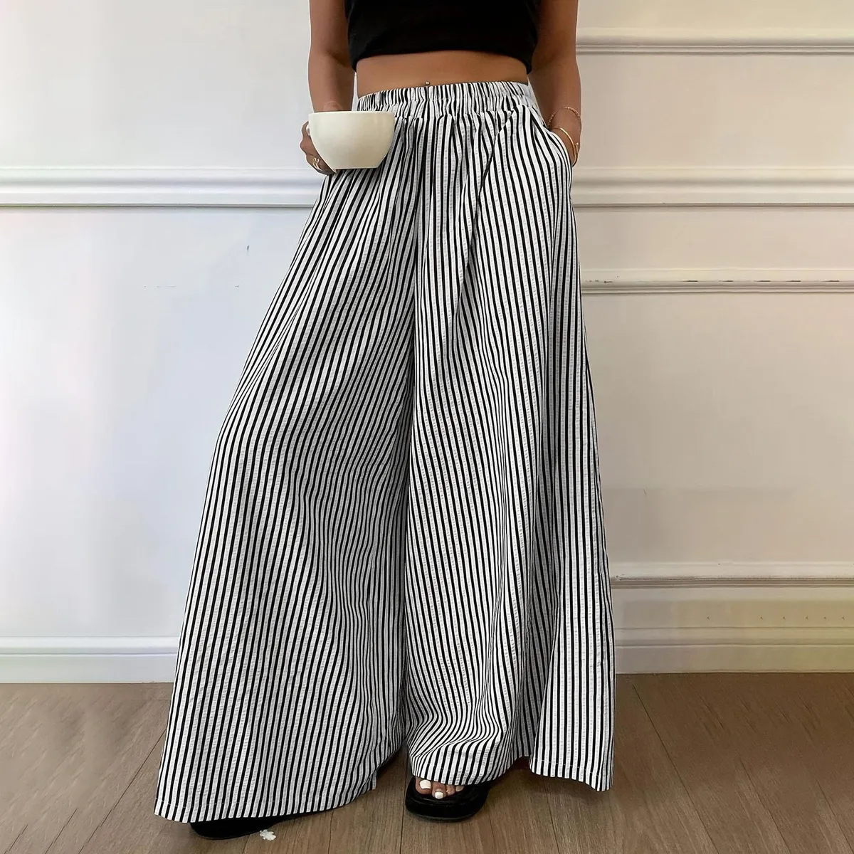Women Fashion Casual Stripe Elastic Waist Straight Wide Leg Pants