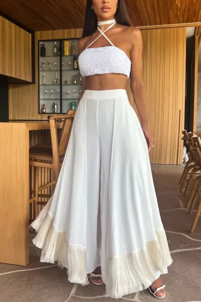 Women'S Fashion Casual Solid Color Tassel Decorated Wide-Leg Pants