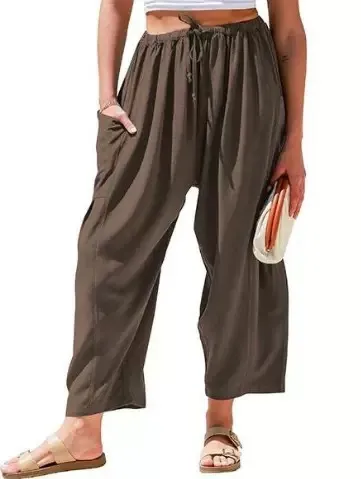 Women Fashion Casual Simple Summer Solid Color Elastic Waist Pockets Drawstring Loose Pants