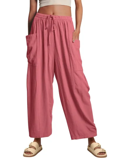 Women Fashion Casual Simple Summer Solid Color Elastic Waist Pockets Drawstring Loose Pants