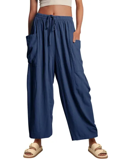 Women Fashion Casual Simple Summer Solid Color Elastic Waist Pockets Drawstring Loose Pants