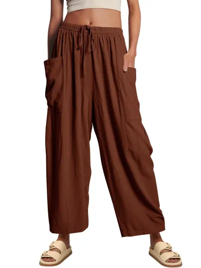 Women Fashion Casual Simple Summer Solid Color Elastic Waist Pockets Drawstring Loose Pants