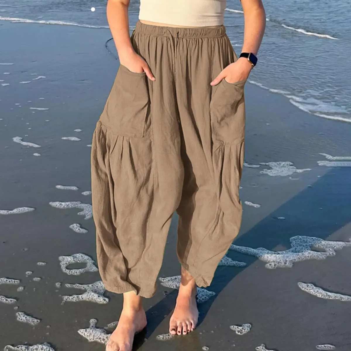 Women Fashion Casual Simple Summer Solid Color Elastic Waist Pockets Drawstring Loose Pants
