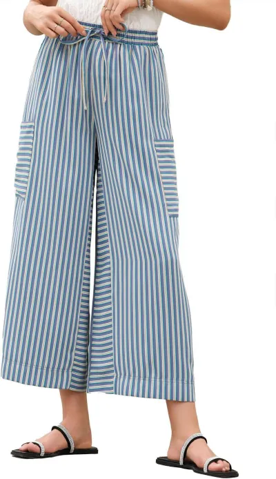 Women Fashion Casual Summer Stripe Breathable Drawstring Wide Leg Pants