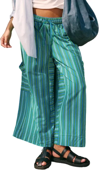 Women Fashion Casual Summer Stripe Breathable Drawstring Wide Leg Pants