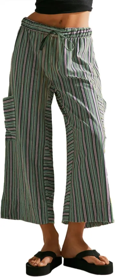 Women Fashion Casual Summer Stripe Breathable Drawstring Wide Leg Pants