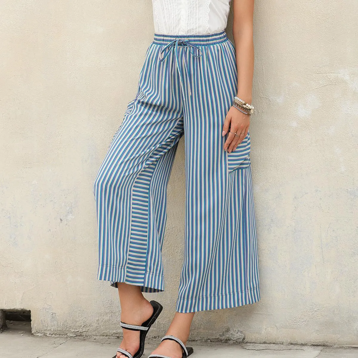 Women Fashion Casual Summer Stripe Breathable Drawstring Wide Leg Pants