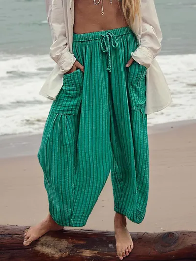 Women Fashion Casual Spring And Autumn Stripe Straight Leg Elastic Waist Pants