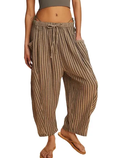 Women Fashion Casual Spring And Autumn Stripe Straight Leg Elastic Waist Pants