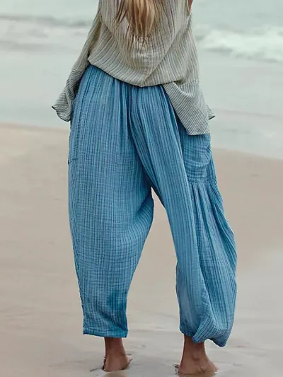 Women Fashion Casual Spring And Autumn Stripe Straight Leg Elastic Waist Pants