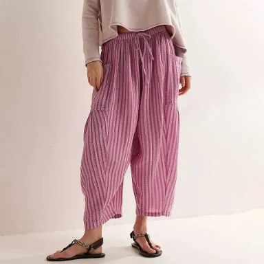 Women Fashion Casual Spring And Autumn Stripe Straight Leg Elastic Waist Pants