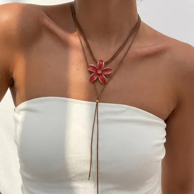 Women's Fashion Simple Boho Red Oil Drop Floral Multi-Layer Leather Cord Adjustable Necklace