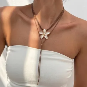 Women's Fashion Simple Boho Red Oil Drop Floral Multi-Layer Leather Cord Adjustable Necklace