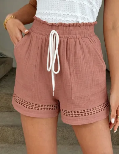 Women Fashion Casual Summer Solid Color Lace Drawstring Loose Shorts
