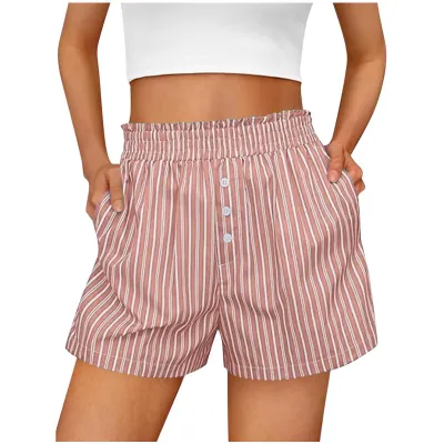 Women Fashion Casual Spring And Summer Stripe Button Loose Shorts