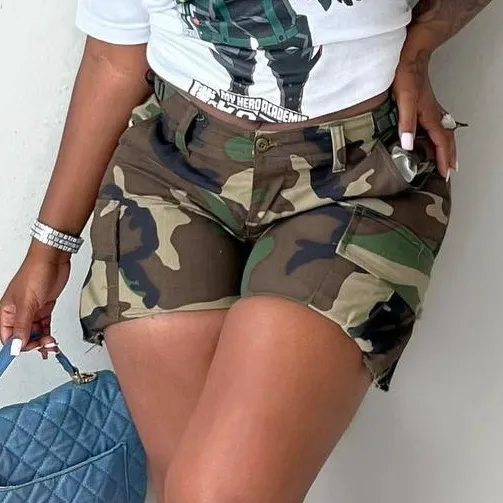 Women Fashion Casual Summer Camouflage Printed Pocket Stitching Shorts