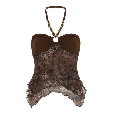 Women Fashion Retro Sexy Beaded Irregular Mesh Stitching Halter-Neck Camisole
